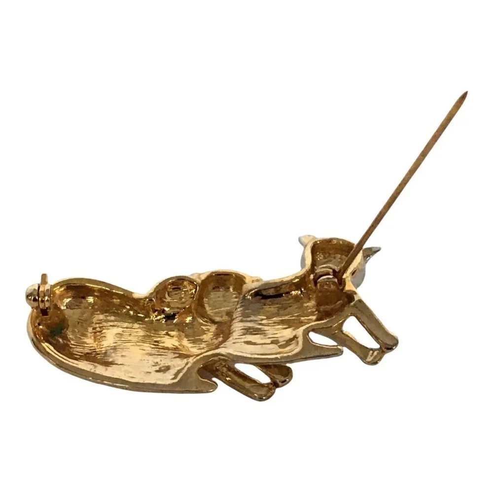 Cats Brooch Pin Silver & Gold Tone Laying Black Eyes Vintage Costume Jewelry 2" - Picture 2 of 10